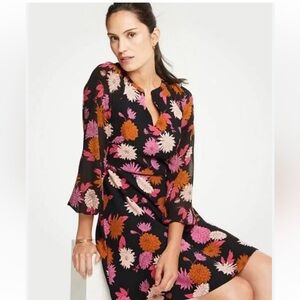 Ann Taylor Autumnal Floral Chiffon Sleeve Flare Dress